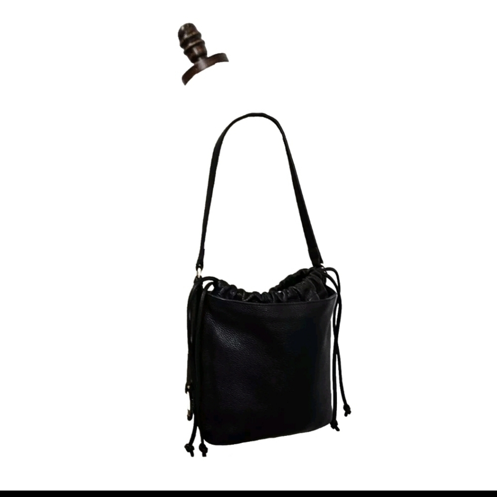 Vince Camuto Mandi-Bu Black Pebbled Leather Bucket Hobo Shoulder Bucket Bag
